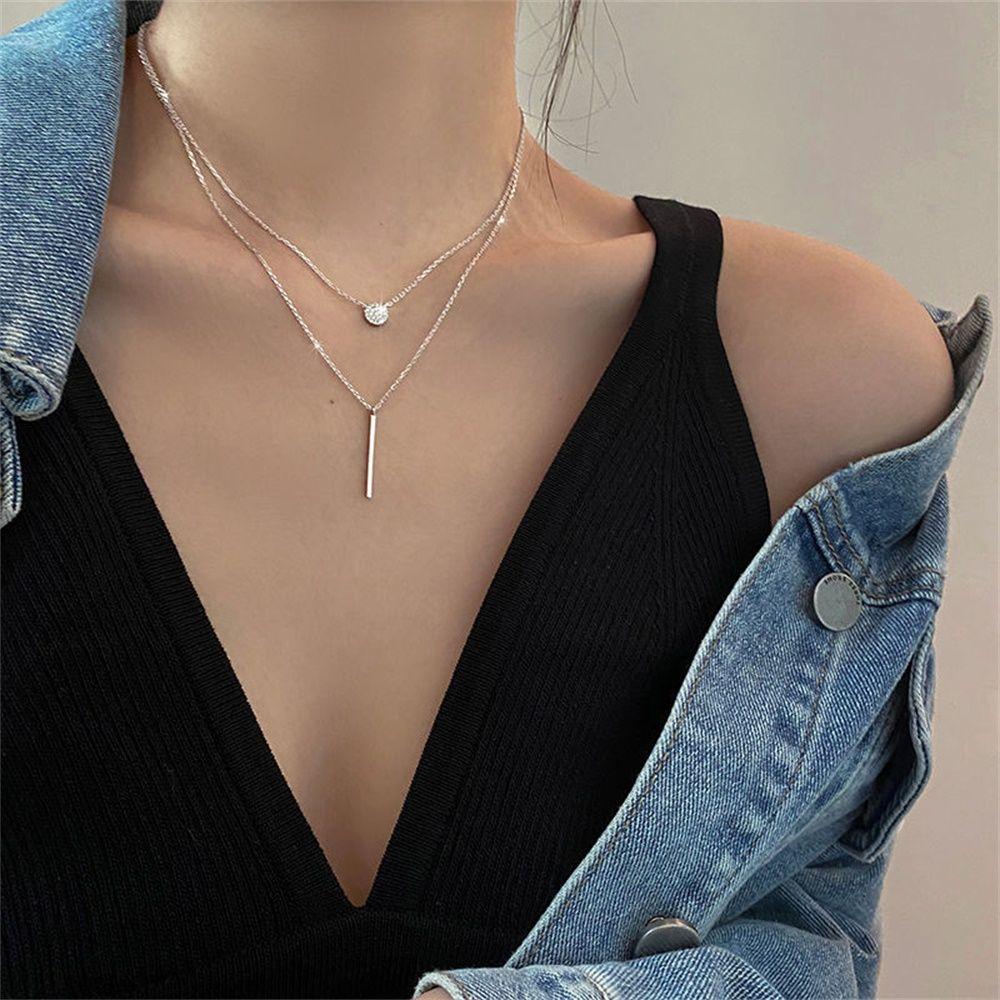 Zircon Round Shiny Rose gold 925 Sterling Silver Long Pendant Clavicle Chain Double Layer Necklace