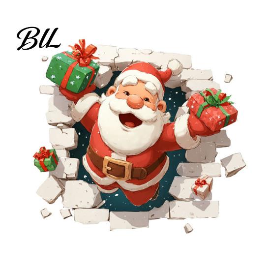 Seasonal Wall Art 3D Santa Claus Christmas Decals, Break Through Reindeer Removable PVC Window Stickers, Winter Holiday Decorations for Living