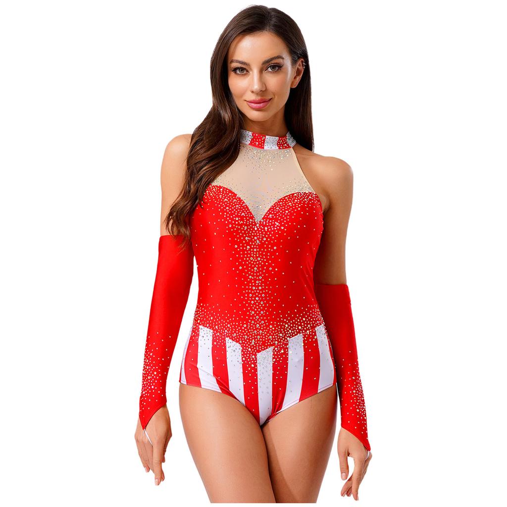 Womens Circus Ringmaster Bodysuit Glittery Rhinestone Color Block Sleeveless Leotard Fingerless Gloves Gymnastic Dancewear