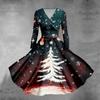 Women's Christmas Tree Snowflake Print V-Neck Slim Fit Long Sleeve Swing Dress