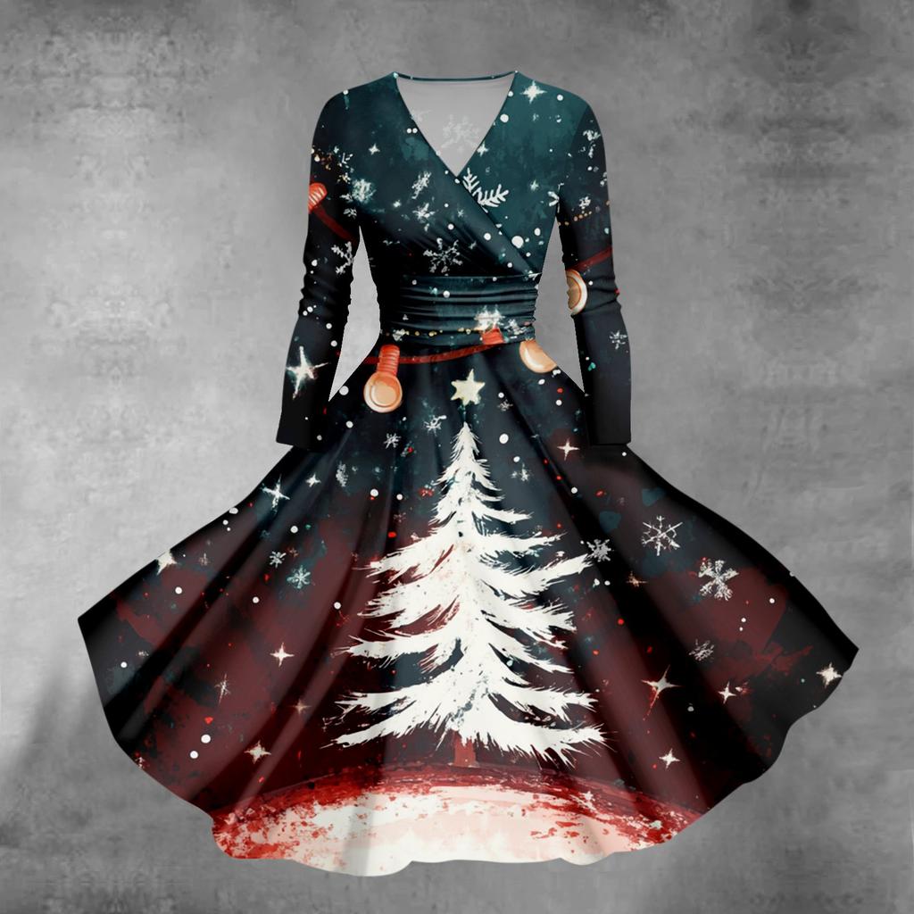 Women's Christmas Tree Snowflake Print V-Neck Slim Fit Long Sleeve Swing Dress