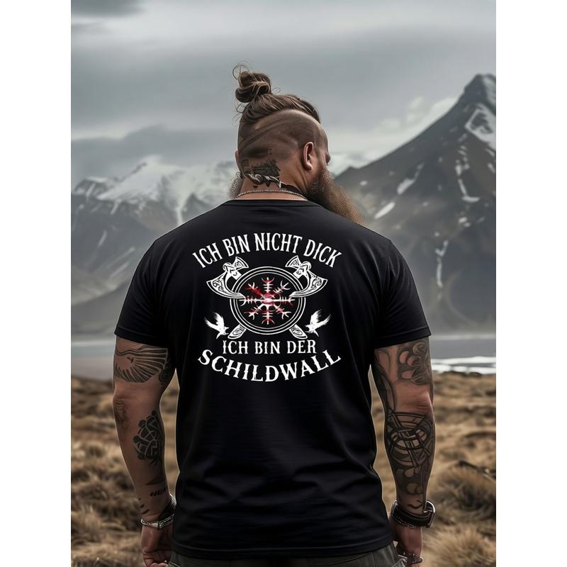 Рубашка для полных 'Я Стена Щитов' с принтом Шлема Ужаса - Нордическая Vikingская Одежда для Тематических Мероприятий, Исторических Реконструкций - Можно стирать в машине
