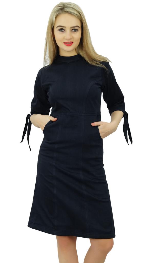 Bimba Women's Mock Neck Cotton Lycra Casual Black Shift Dress With Side