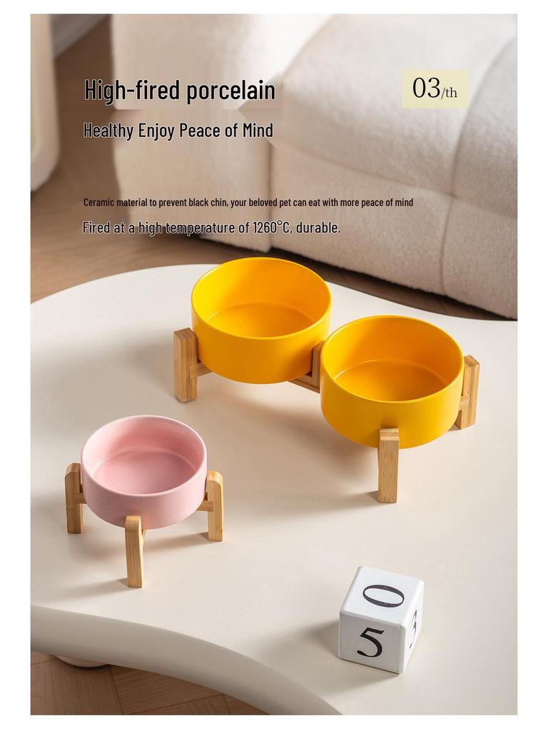 Керамическая миска для корма домашних животных с приподнятой бамбуковой подставкой - Антиопрокидывающаяся конструкция для собак и кошек, Защищает шейный отдел позвоночника