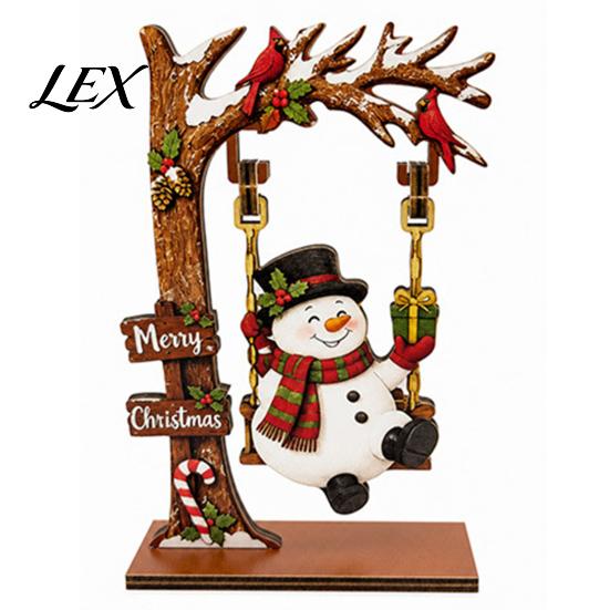 Winter Holiday Home Decor Christmas Wooden Ornaments, Santa Snowman Figurine with Moving Festive Fireplace Ornaments Swing, Rustic Tabletop