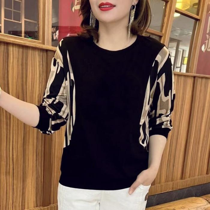 Ice Thread Новая модная футболка с длинными рукавами и круглым вырезом большого размера, утягивающий топ с бриллиантами для женщин среднего возраста