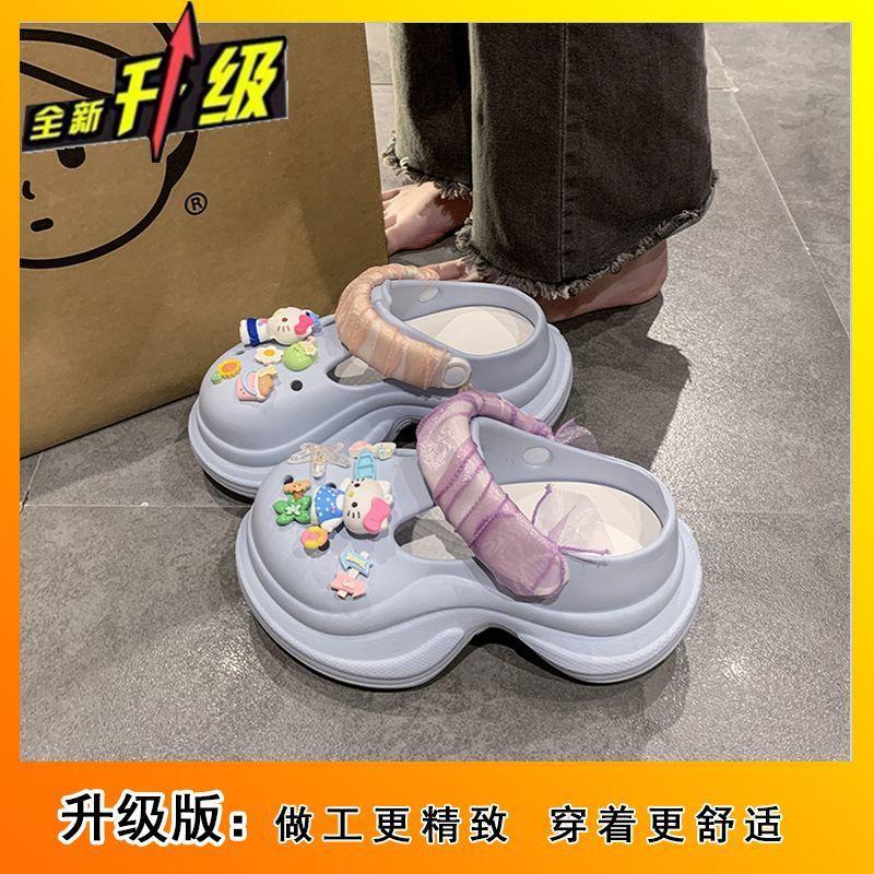 Мультяшные милые туфли с дырочками Hello Kitty женские 2025 летняя обувь на толстой подошве увеличивающие рост нескользящие легкие шлепанцы женские