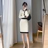 French Elegant Party Color Contrast Dress Women Vintage Slim Mid-length Knitted Dresses Female Korean Fashion Design Casual Clothes