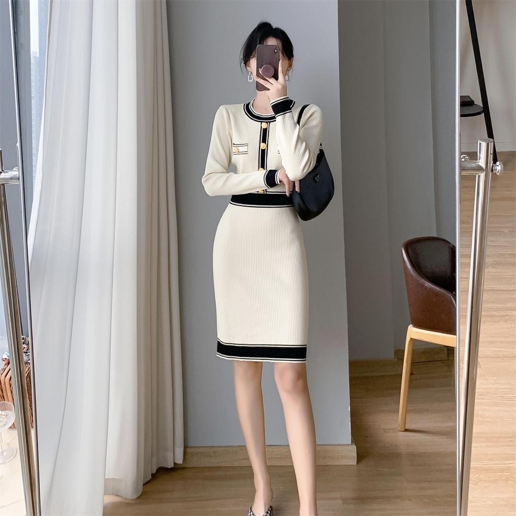 French Elegant Party Color Contrast Dress Women Vintage Slim Mid-length Knitted Dresses Female Korean Fashion Design Casual Clothes