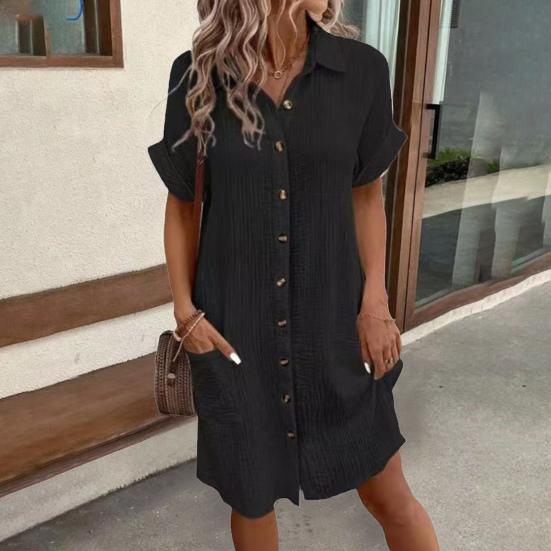 Женское хлопковое льняное платье, повседневное платье на пуговицах с V-образным вырезом и карманами, летний пляжный сарафан с коротким рукавом