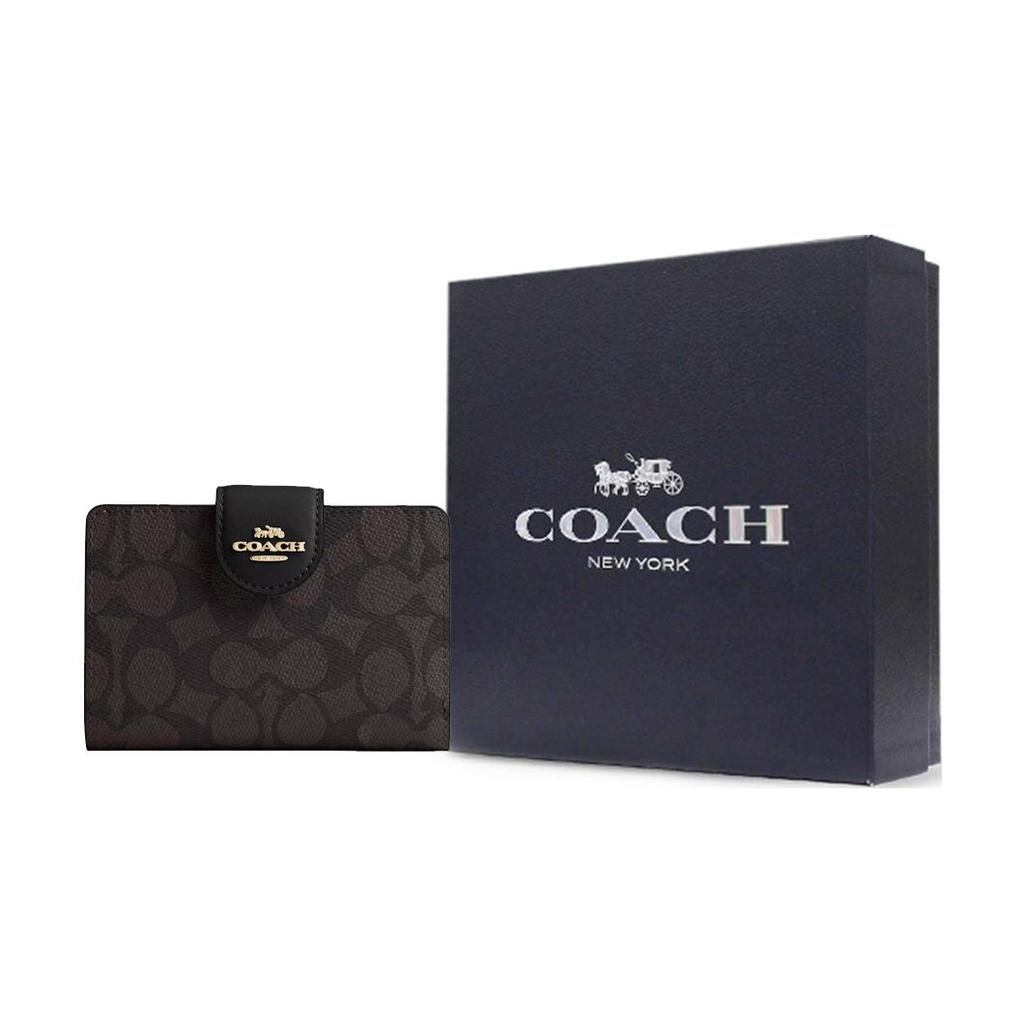 New COACH SignatureCanvas High Quality Leather Wallet Medium Size Women's Walnut Wood With Black Accents CW786-IMXAQ