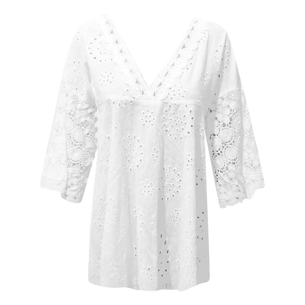 Women Half Sleeve Cotton Linen Hollow Out Lace Patchwork T-Shirt Blouse Tops