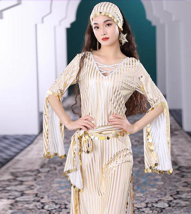 Belly Dance Hot Gold Sequin Robe, Folk Rattan Cane Dance Performance Set, Women's Oriental Dance Ethnic Dance Costume