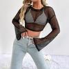 New Casual Perspective Sweater Flared Sleeves Loose Round Neck Hollow Navel Sweater for Women