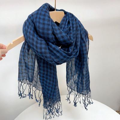 Scarf Linen Women Plaid Blue Long Sunshine Protection Accessory Neck Wrap Shawl Summer Beach Spring Holiday