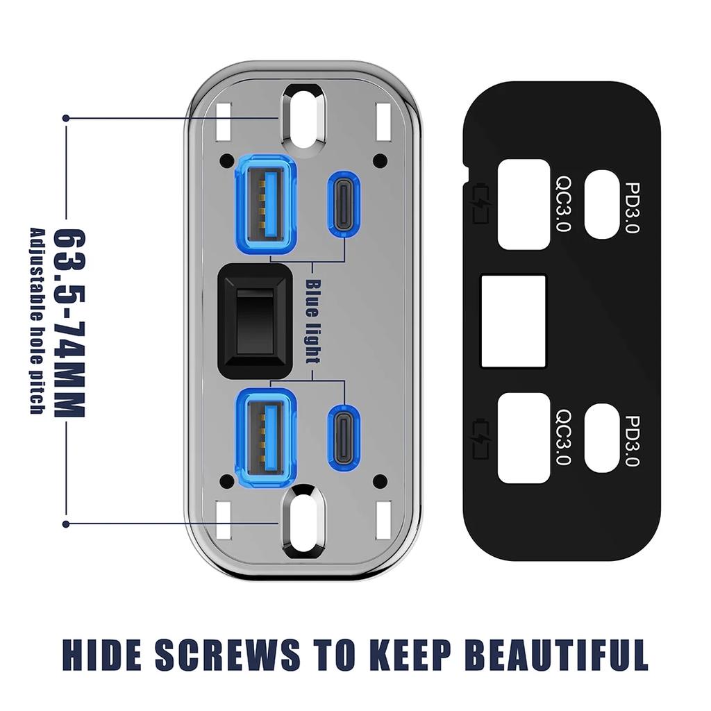 4 Ports Car Charger Socket Panel 12V/24V PD3.0 Type-C Quick Charge & QC3.0 Panel Wall Mount Charger Adapter for Car Bus RV Truck