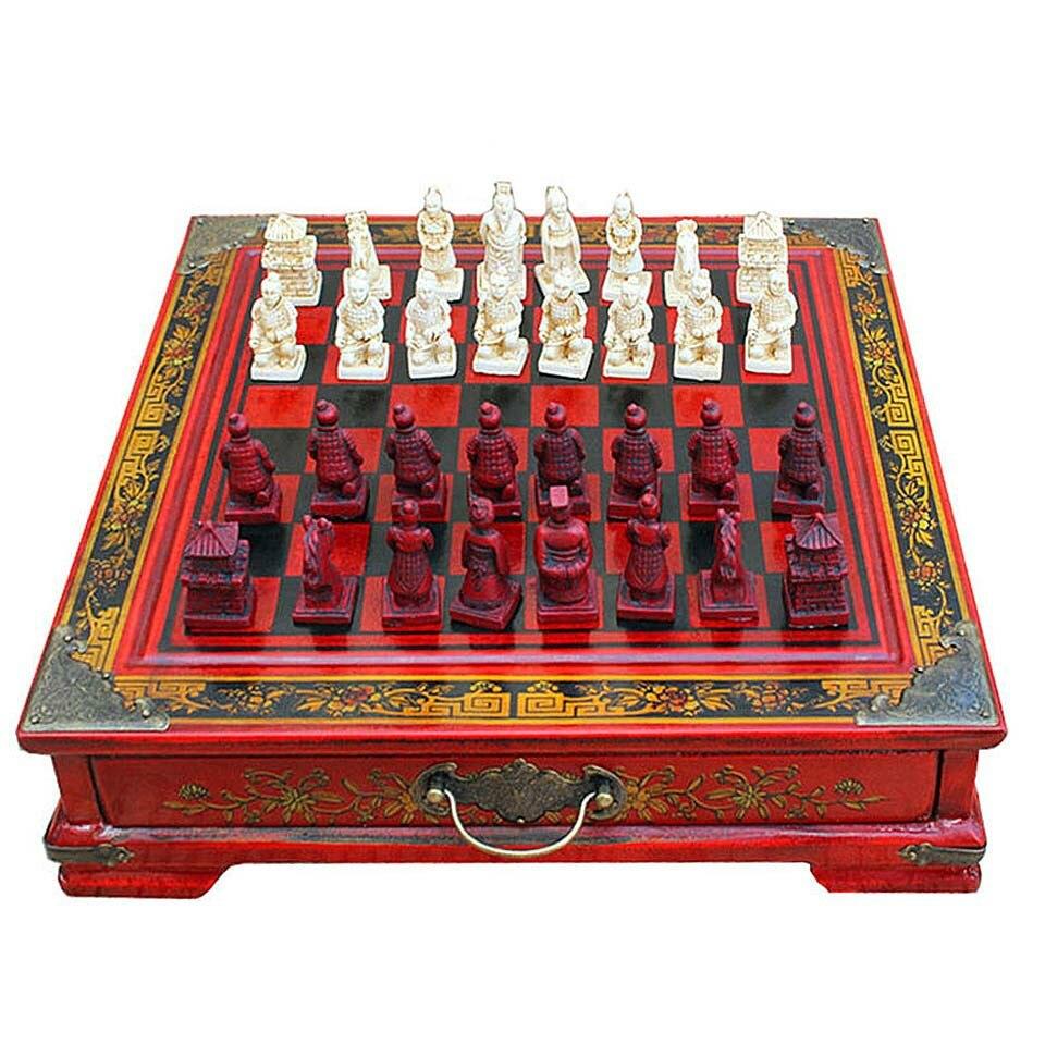 Top Grade Wood Chess Set Carving Resin Terra Cotta Warriors Pieces International Chess Wooden Desk Drawer Chessboard Board Games 