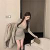 Pure desire sexy hottie black slim-fit U-neck long-sleeved dress women's autumn high waist pleated hip-wrapped short skirt