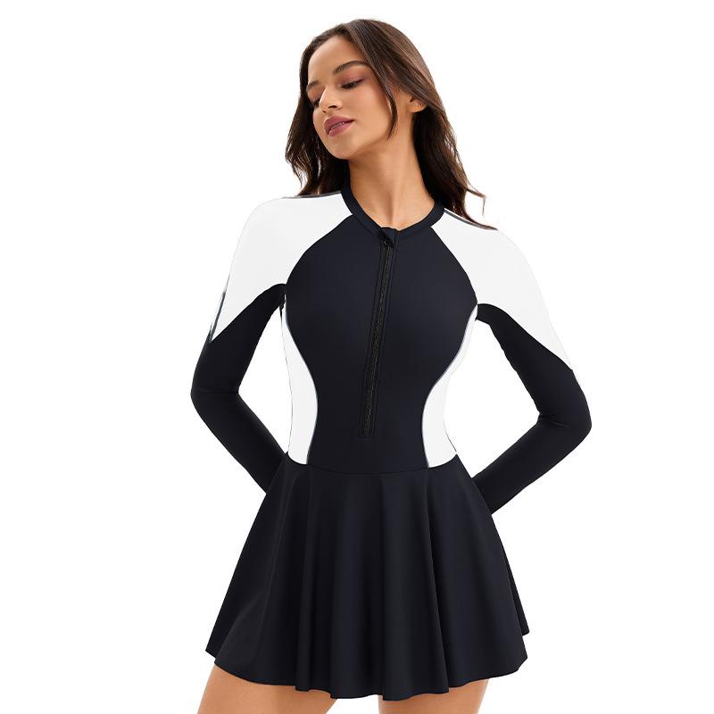 Консервативный цельный купальник для женщин, сочетающийся по цвету, с длинными рукавами, солнцезащитный купальник для серфинга, консервативный купальник с юбкой.