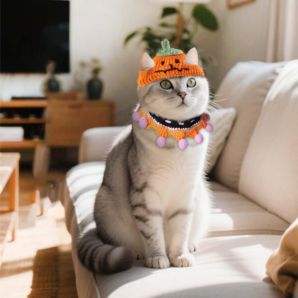 Одежда Хэллоуин Головной убор кошки Тыква Кошка Вязаная шапка Нагрудник Хэллоуин Костюмы для питомцев Фестивальная вечеринка