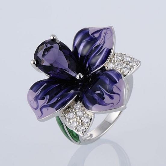 Women Ring 3D Flower Shape Rhinestone Decor Enamel Polished Copper Anniversary Gift Wedding Party Banquet Cocktail Jewelry