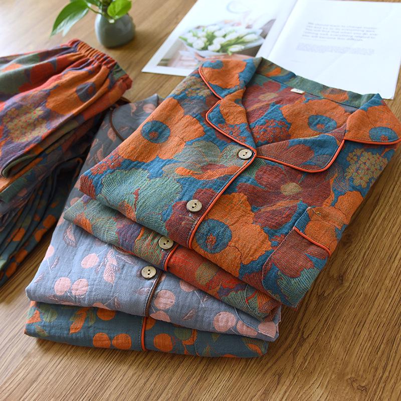 Женский жаккардовый пижамный комплект из пряжи двойного крашения: Кардиган с длинным рукавом из чистой хлопковой марли для весны, лета, осени.