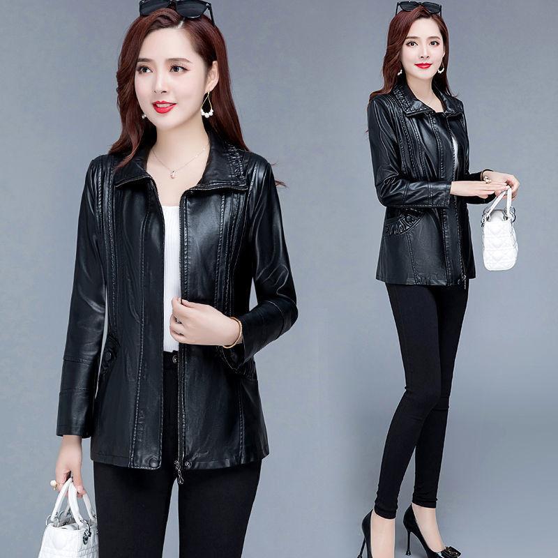 2XL-6XL женская кожаная куртка весна осень новая мода женское пальто из искусственной кожи женское черное мотоциклетное пальто из искусственной кожи W751