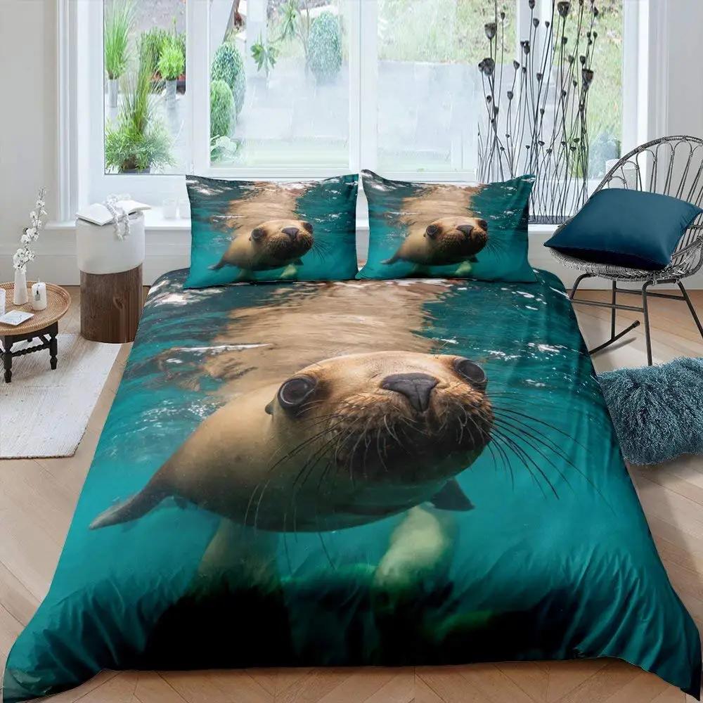 Пододеяльник с изображением тюленя размера King, милый комплект постельного белья с изображением тюленя, милый экзотический стиль океана, 2/3 шт., полиэстеровое одеяло с изображением морской жизни