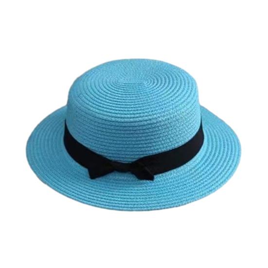 Beach Straw Hat Flat Top Wide Brim Sun Protection Hat with Black Ribbon Bow Hand-Woven Breathable