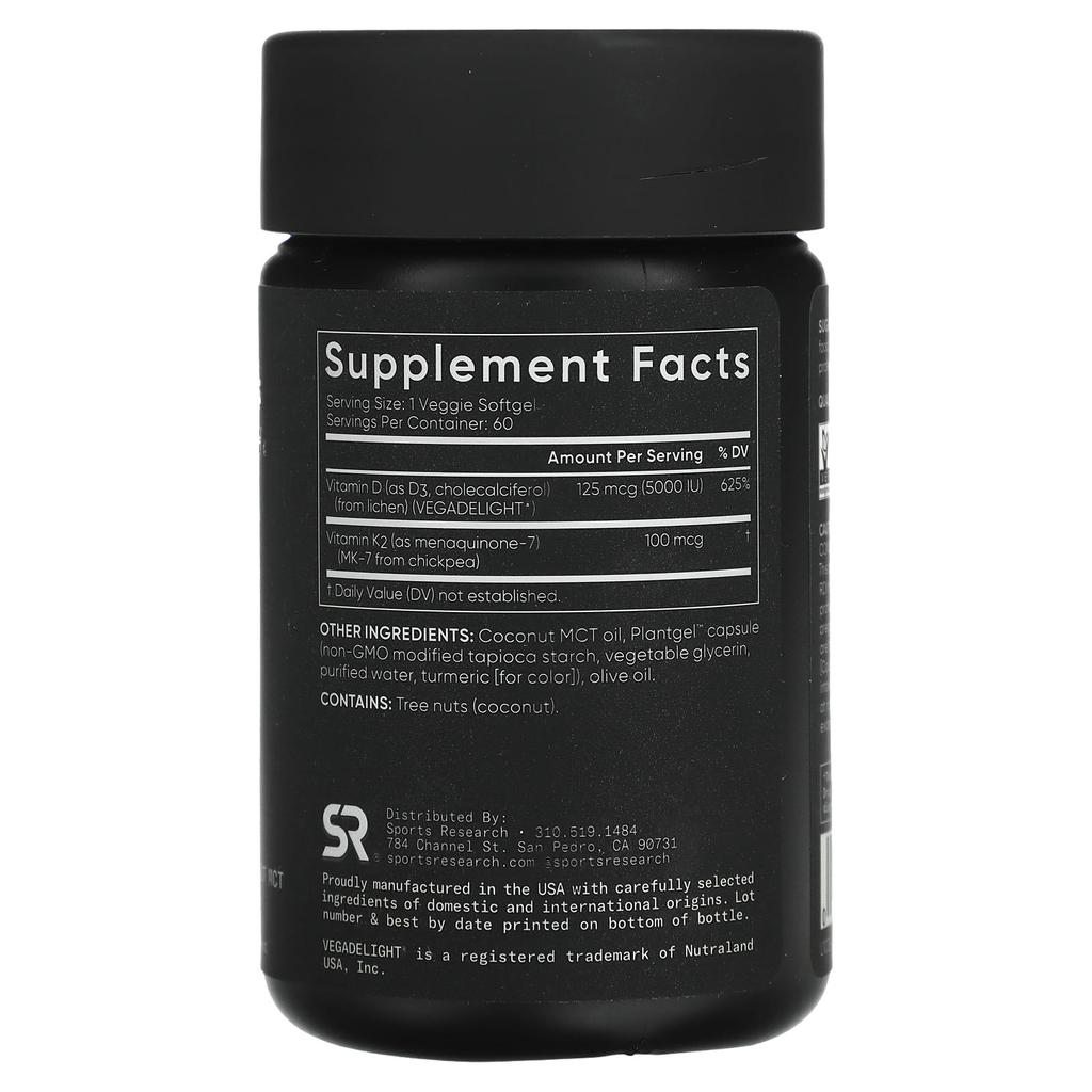 D3 + K2, Vegetarian, 125Mcg/100Mcg, 60 Veggie Softgels