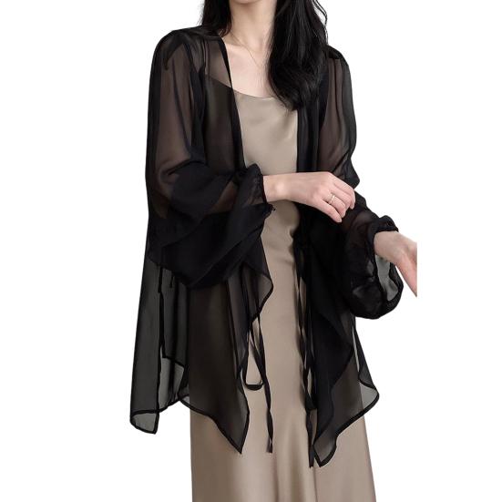 Женский летний шифоновый солнцезащитный кардиган с v-образным вырезом и длинными рукавами, шифоновый топ, прозрачное пальто с шалью на шнуровке и нерегулярным подолом