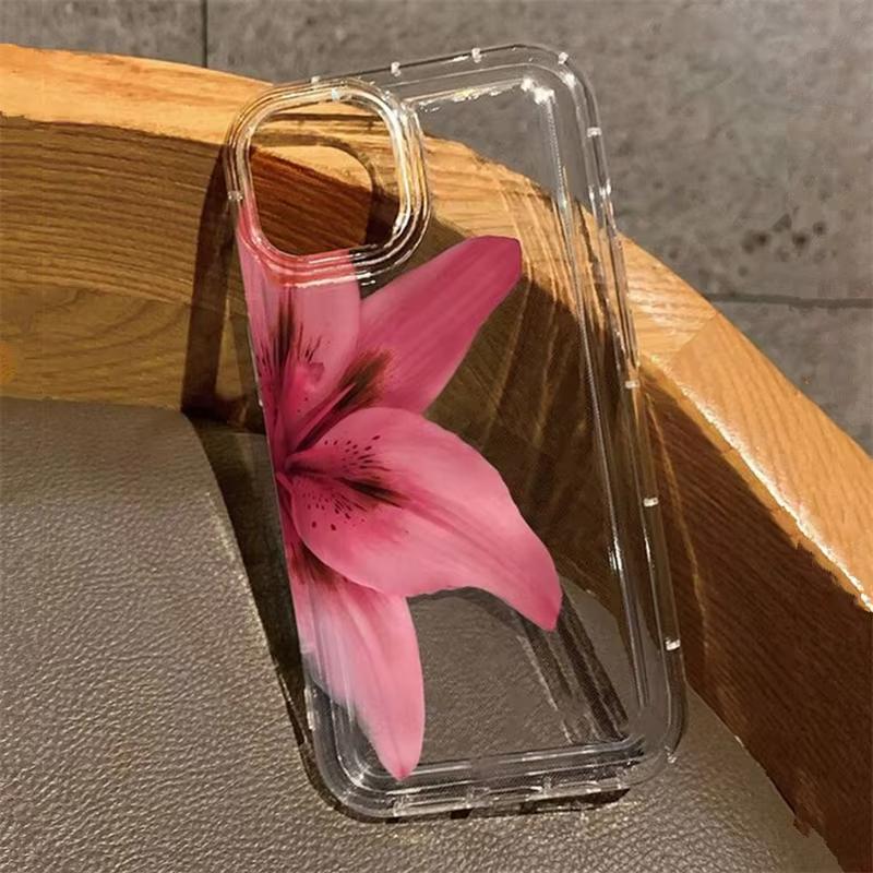 Ins Pink Lily Pattern Transparent Phone Case for iPhone 17 16 16E 14 13 15 Pro Max 11 12 Pro 17 Air 15 Plus Shockproof Cover