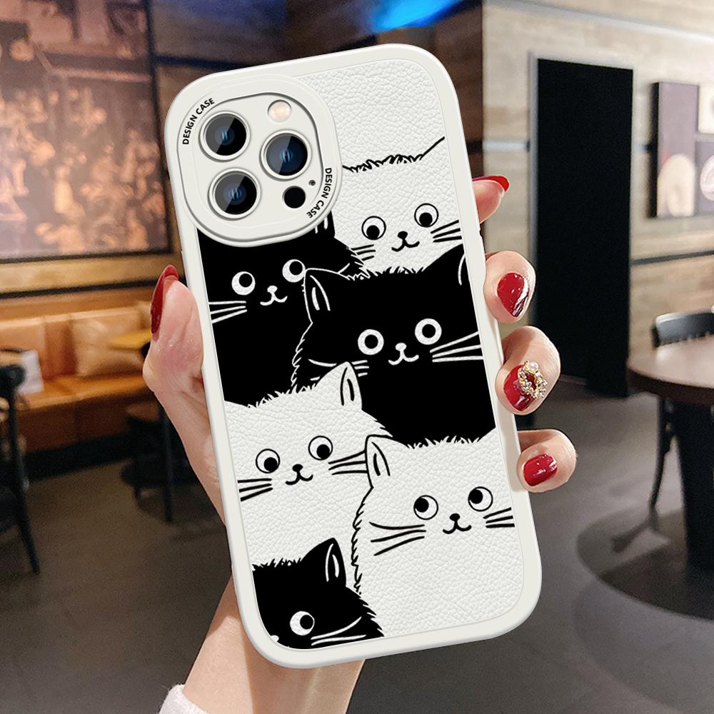 Тонкий кожаный чехол с рисунком черно-белых кошек, мягкий силиконовый чехол из искусственной кожи для iPhone Samsung Huawei Honor Xiaomi Redmi OPPO Realme Vivo