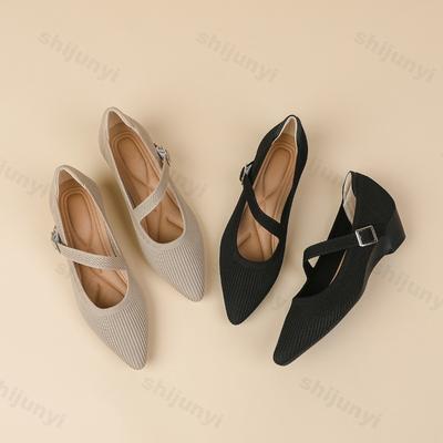 Летне-осенние женские туфли Мэри Джейн 2025 Новые туфли-лодочки с острым носком и удобной посадкой Дышащие вязаные танкетки Женская повседневная обувь Zapatos Mujer