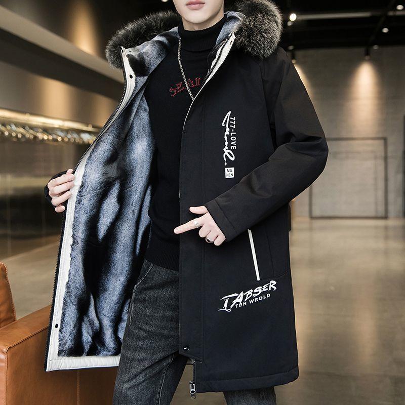 Мужская куртка средней длины с хлопковой подкладкой, плюшевый и утолщенный воротник из большой шерсти, преодолевающий тренд, красивая хлопковая подкладочная куртка с капюшоном для мужчин, зимняя