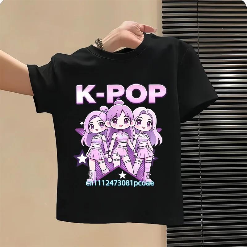 Style Round Neck Short Sleeved Top Fans Gifts Kids Clothes Summer Kpop Popular Cartoon Print Childrens Design Casual Harajuku