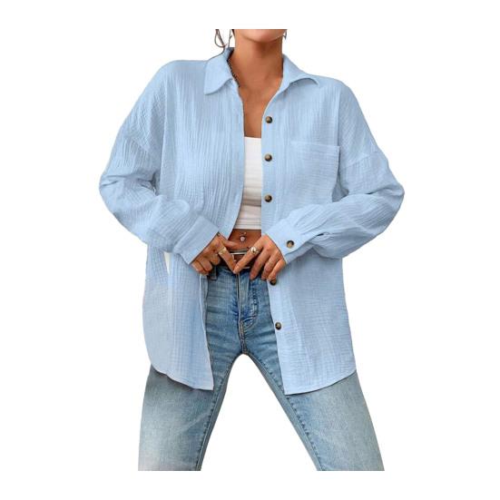 Women Casual Shirt Lapel Long Sleeve Button Down Casual Top with Patch Pocket Solid Color Loose Fit Blouse Work Leisure Daily Wear