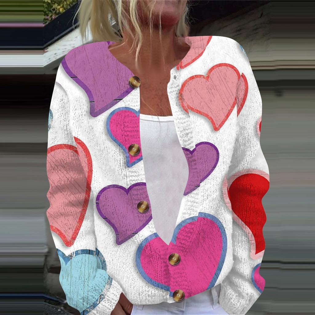 Женская модная принтованная ко Дню святого Валентина трикотажная куртка-кардиган с длинными рукавами на пуговицах