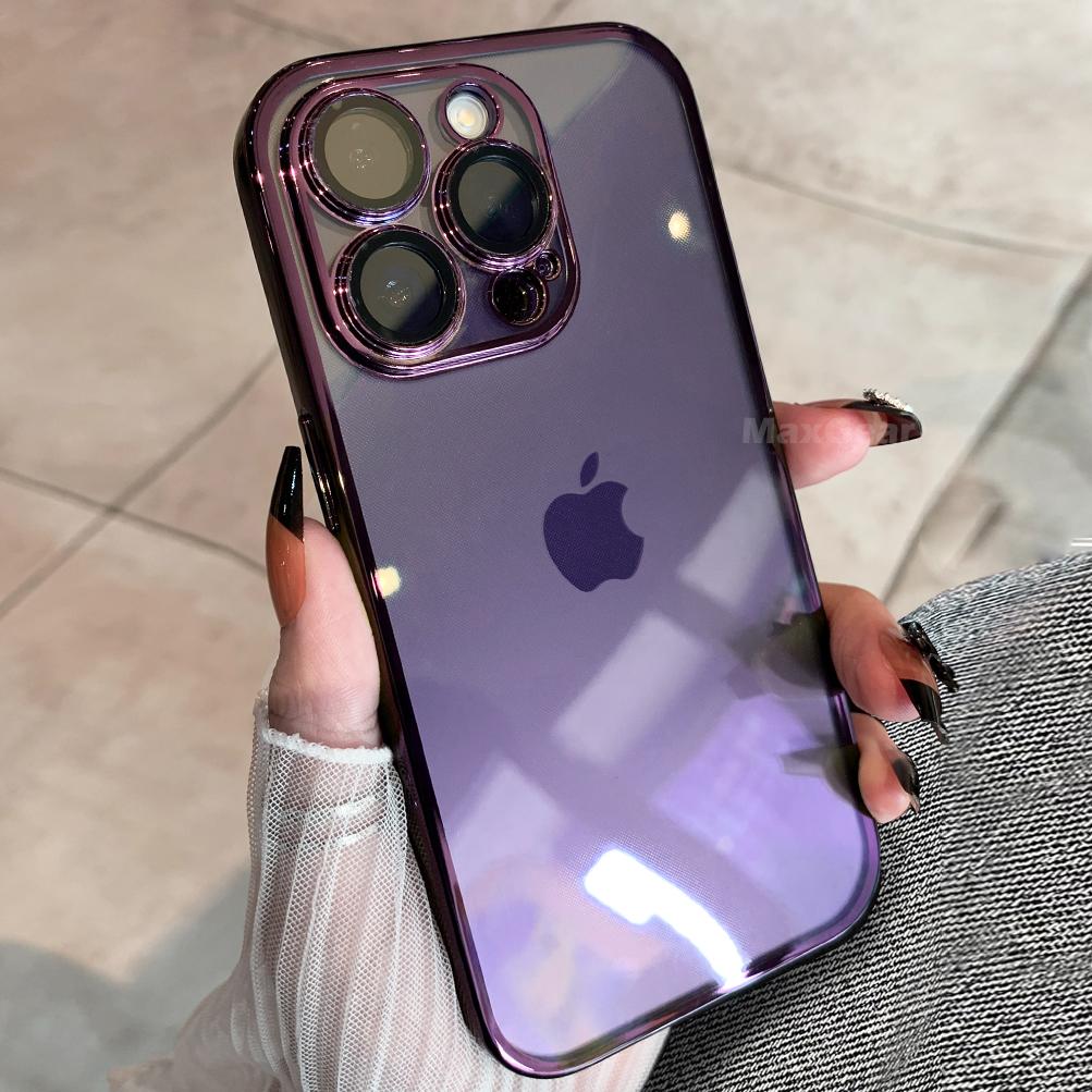 Plating Bumper Silicon Clear Case For iPhone 16 15 14 13 11 12 Pro Max Mini XR X XS Plus Purple Soft Shockproof Cover