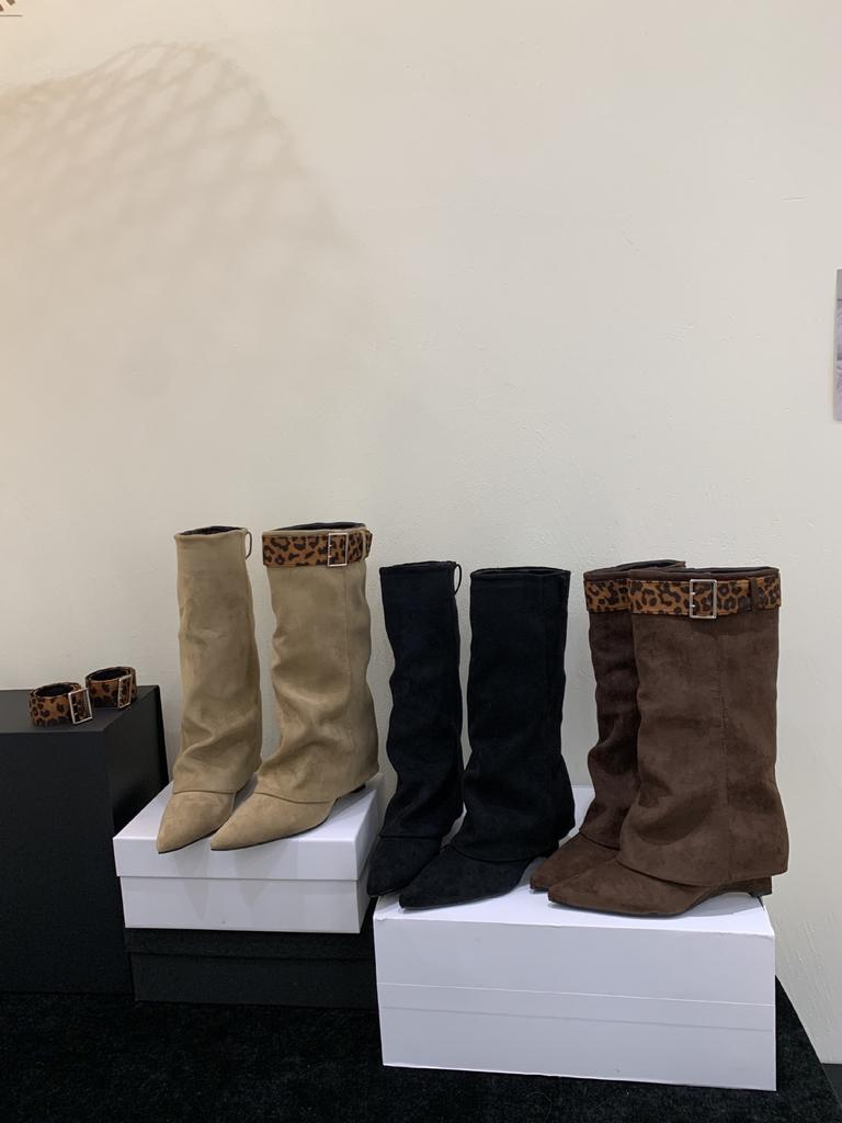 Fashionable Leopard Print Pointed Toe Wedge Trouser Tube Boots Women's Autumn Removable Belt Buckle Mid-tube Boots