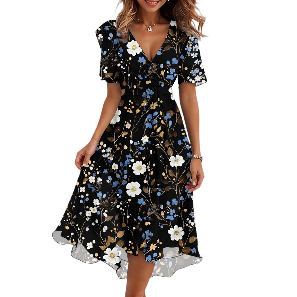 Women's Fashion Casual V Neck Short Sleeve Ruffled Vintage Printed Dresses