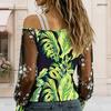 Plus Size Women Diagonal Shoulder Long Sleeve Top Green Tone Abstract Swirl Print Mesh Lace Splicing Blouse