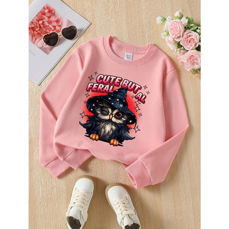 Cute But Feral Owl Witch 2026 New Girls' Long-sleeve Casual Crewneck Sweatshirt, Suitable for Outdoor Sports