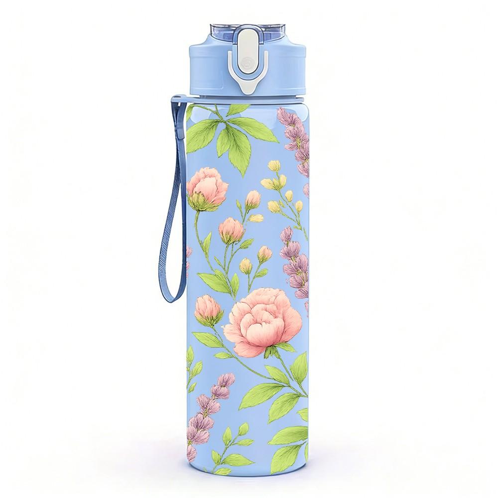 1PC Pink Rose Peony Floral Pattern 750ml Color Plastic Sports Water Bottle Leakproof Flip Straw Lid Suitable for Sports Office Home Use