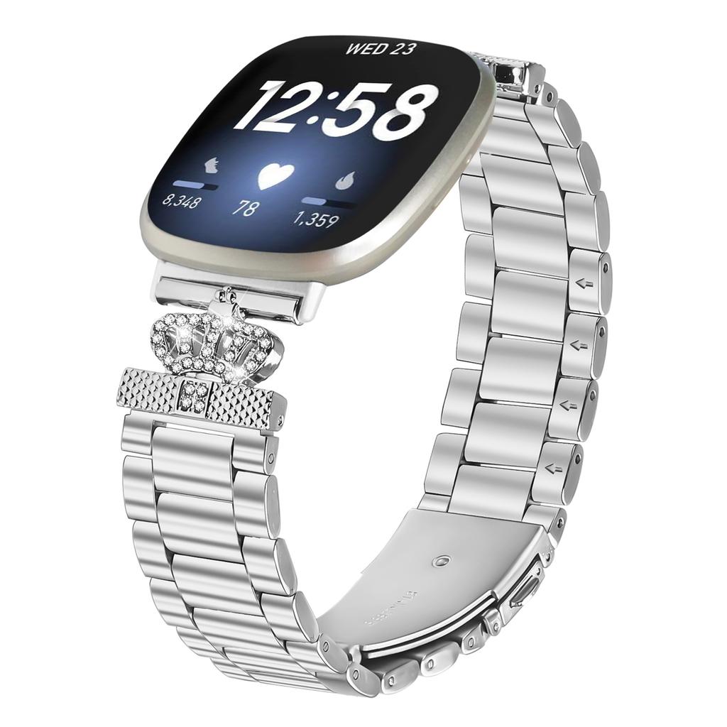 For Fitbit Versa 4/Sense 2 Stainless Steel Strap Crown Shape Rhinestone Decor Silver Watch Band