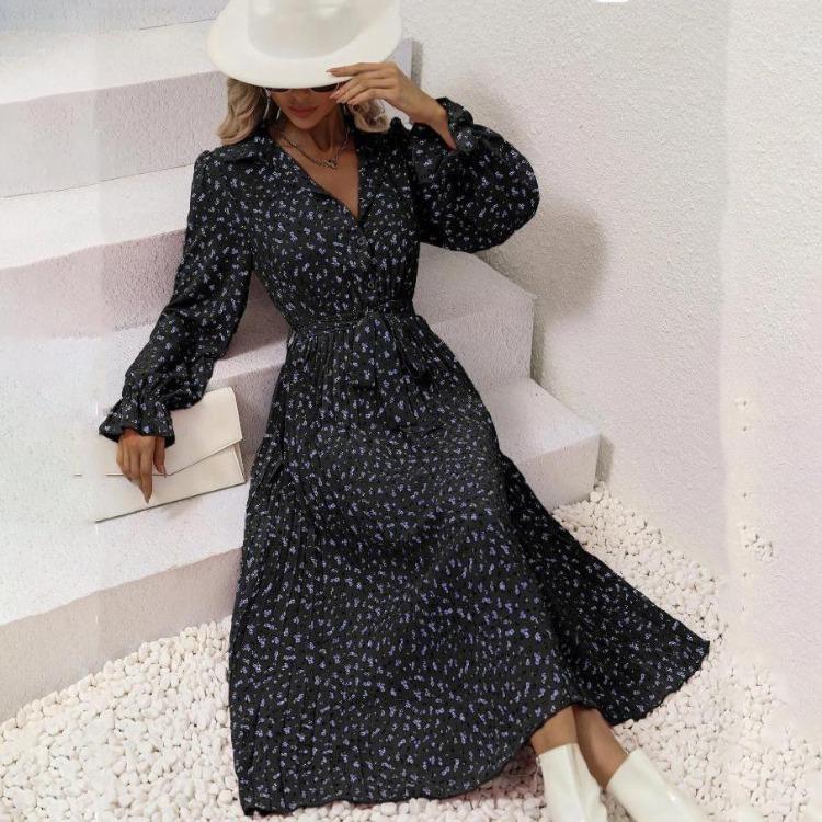Женское осенне-зимнее повседневное платье с длинным рукавом, V-образным вырезом, цветочным принтом, А-силуэта, с завышенной талией, длиной до щиколотки