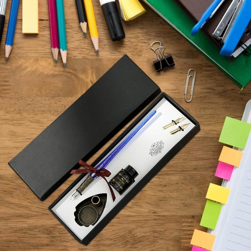 Calligraphy Glass Dip Pen and Inks Set with Replaceable Pen Tip and Metal Pen Holder for Writing Invitation Scrapbooking