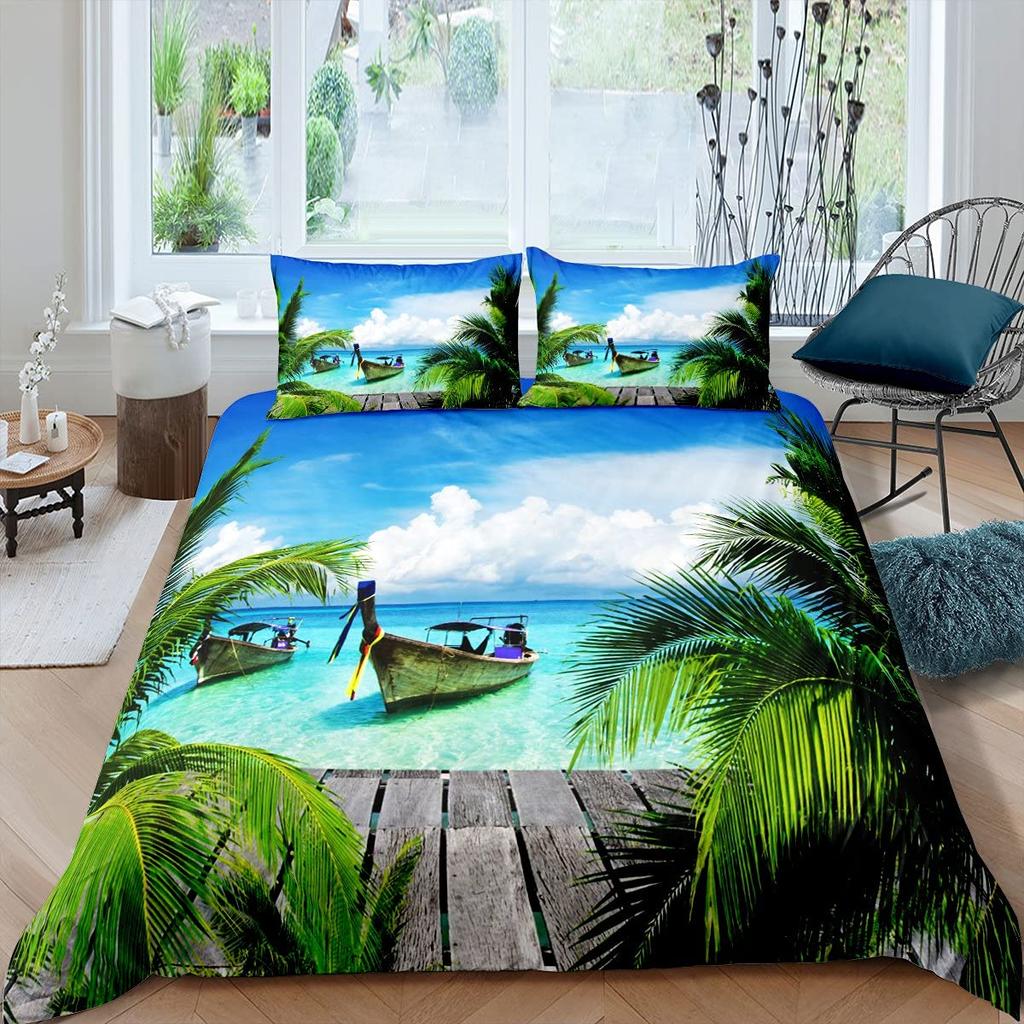 Summer Beach King Queen Duvet Cover Blue Ocean Fish Bedding Set Hawaiian Sea Palm Trees Quilt Cover Marine Life Comforter Cover