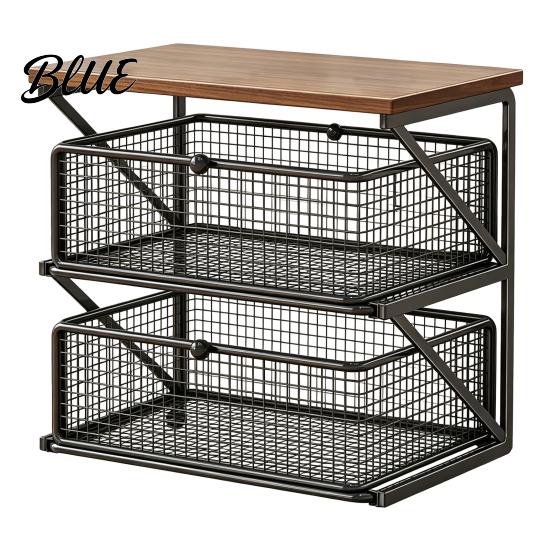 Small Desktop Furniture Coffee Station Organizer with Drawer Tiered Bar Organizer Wooden Top Shelf Storage Shelf Wire Mesh Drawers for Tea