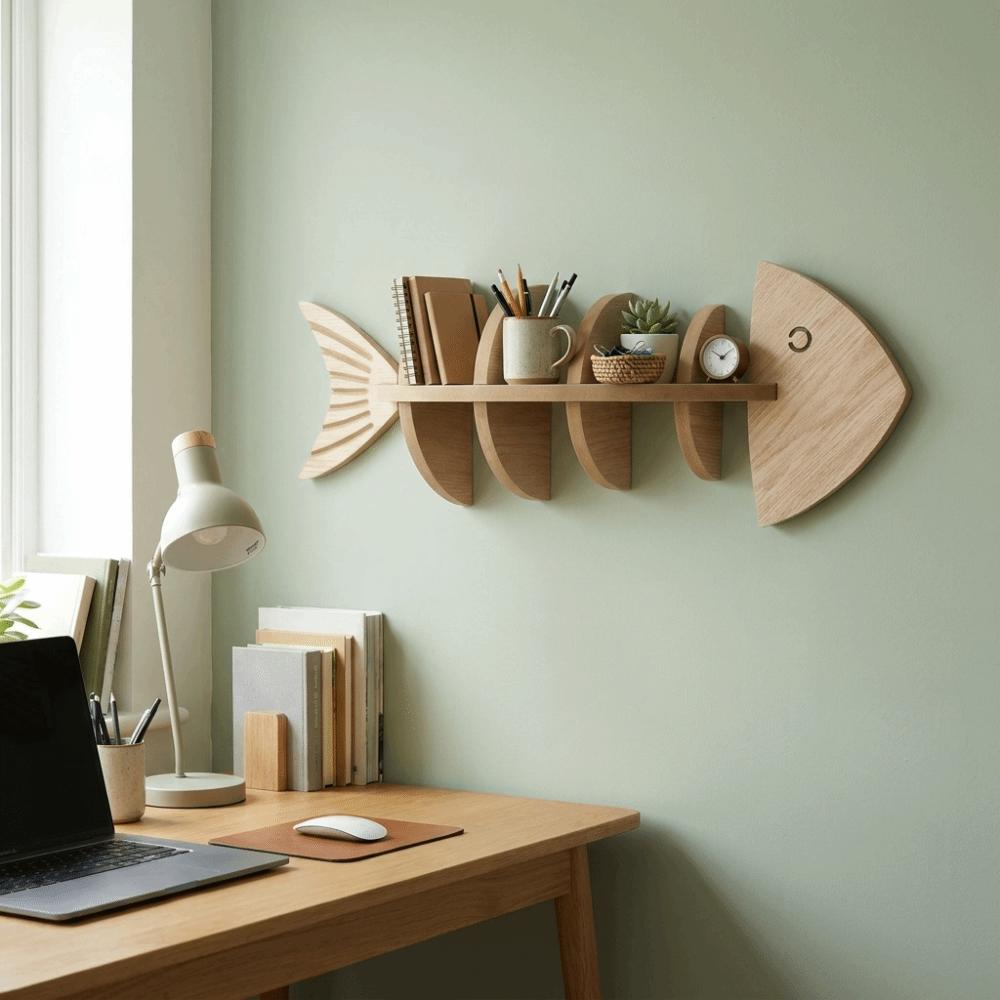 Fish Shaped Fish Bone Shelf Multi-layer Floating Shelf Wooden Wall Mounted Shelf Indoor Organizer
